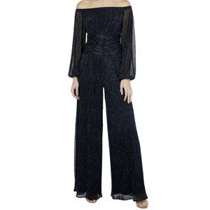 Marina $179 Off Shoulder Shimmery Blue Wide Flare Leg Jumpsuit NWT Size 8
